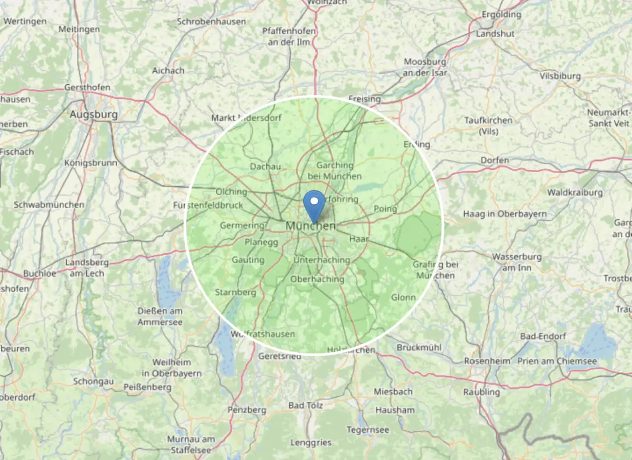Kartenausschnitt von München und Umgebung mit markiertem Einsatzradius